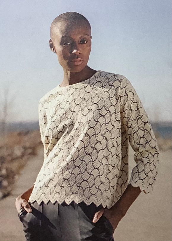Tan with Charcoal Fan Print, Light Knit Sweater with Scoop Neck and Scalloped Hem by Clara Sun Woo.