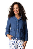 Navy Soft Raw Edge Linen Blend, Stand-Up Collar, Button Front Jacket wIth Front Pockets by Habitat.