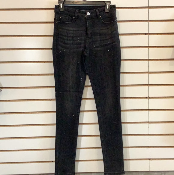 Dark Charcoal Stretch Denim Jeans with Tone on Tone Bling on Front of Legs by Orly