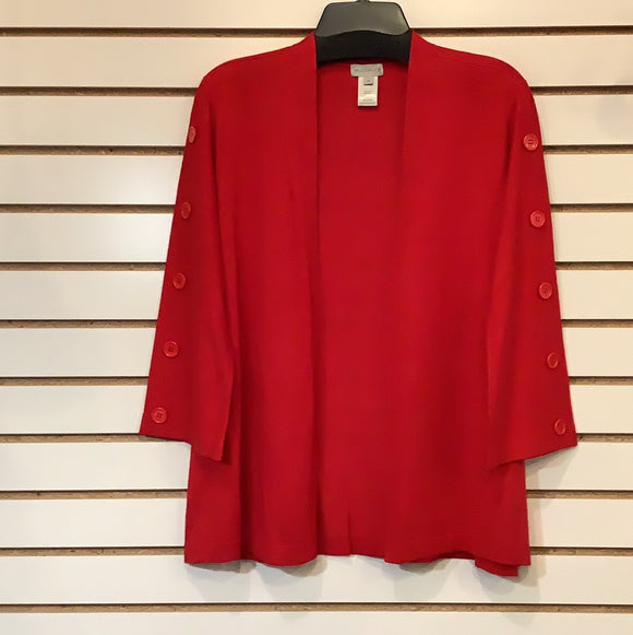 Red Open Front Sweater with Button Detail on 3/4 Sleeves by Multiples.