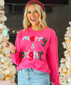 “Merry & Bright” Pink, Long Sleeve, Round Neck Shirt by Grace & Emma.