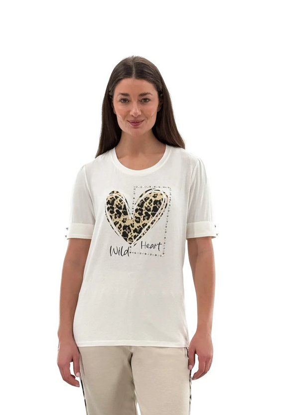 White Short Sleeve T-Shirt Top w/ Animal Print “Wild Heart” Design by Orly.