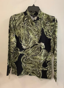 Black/Green Mock Neck, Long Sleeve, Paisley Print Top by Sunday.