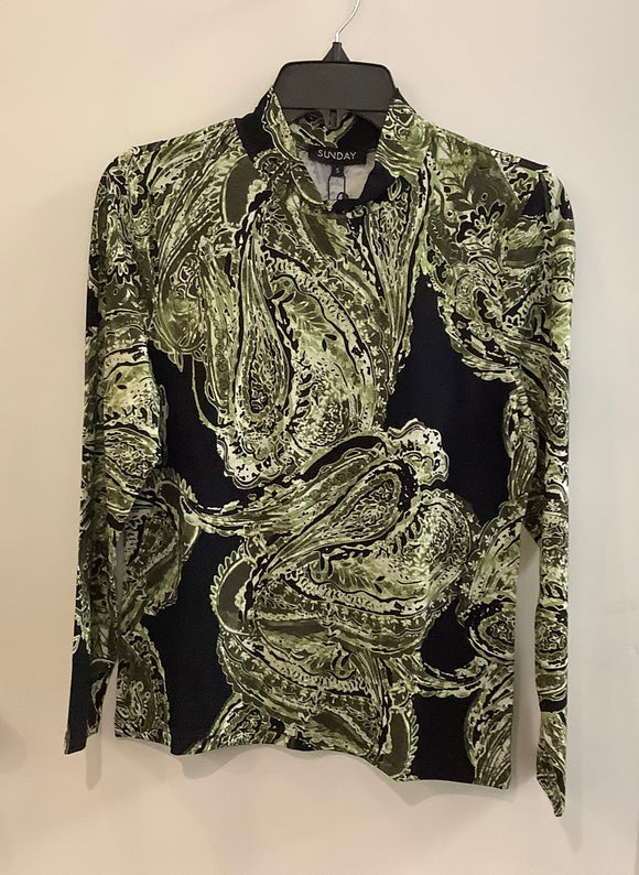 Black/Green Mock Neck, Long Sleeve, Paisley Print Top by Sunday.