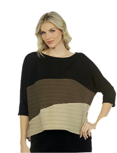 Black/Olive/Mocha Diagonal Panel Design Textured Top w/Dolman Sleeves and High/Lo Hem by Inoah.