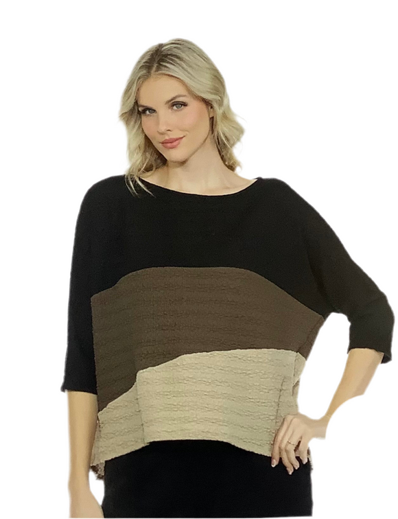 Black/Olive/Mocha Diagonal Panel Design Textured Top w/Dolman Sleeves and High/Lo Hem by Inoah.