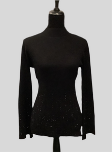 Black Mock Turtle Neck, Ribbed Top w/ Bling on Hem and Sleeve by Carre Noir.