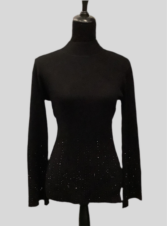 Black Mock Turtle Neck, Ribbed Top w/ Bling on Hem and Sleeve by Carre Noir.