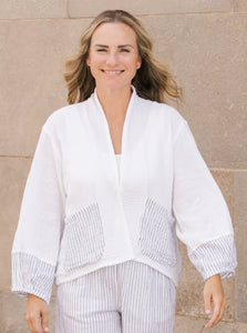 White Gauze Short Jacket w/ Black Stripe Pockets and Black Stripe Back by Shannon Passero