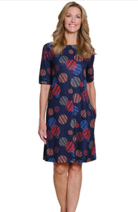 Cuffed Elbow Sleeve, Wide Neck, Geometric Dot Pattern A-Line Dress by Multiples. Black with Garnet, Rust, Blue, Orange and Olive.