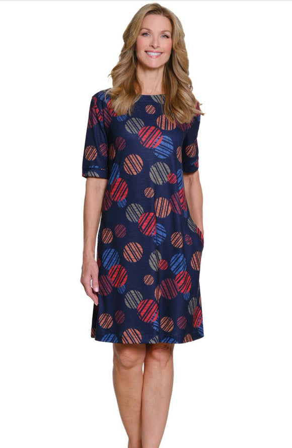 Cuffed Elbow Sleeve, Wide Neck, Geometric Dot Pattern A-Line Dress by Multiples. Black with Garnet, Rust, Blue, Orange and Olive.