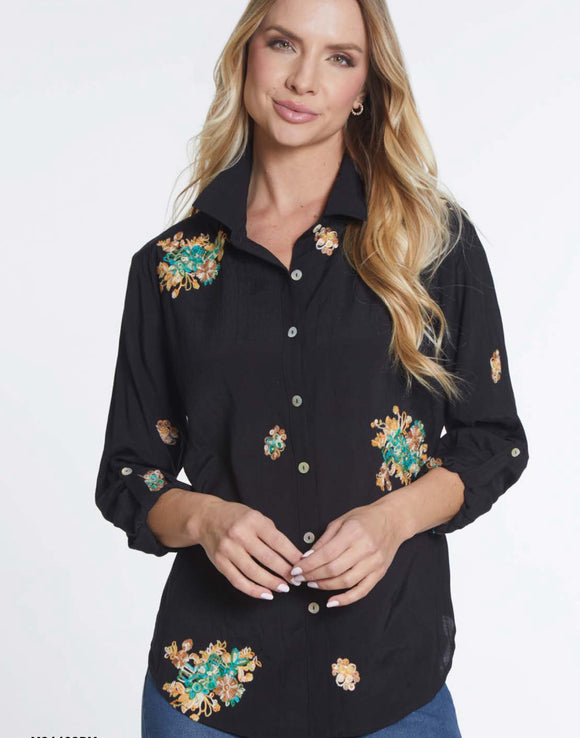 Black Button Front Long Sleeve, Hi-Lo Hem Blouse w/Turquoise, Green Embroidered Flowers by Multiples.