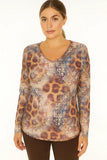 Mauve/Brown Animal Print, Reversible to Blue, Gold, Brown Graphic Print, Long Sleeve V-Neck Top by Orly.