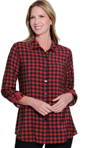 Red/Black Plaid Button Front and Floral Pattern Back w/3/4 Sleeves and Roll-Up Cuffs by Multiples.