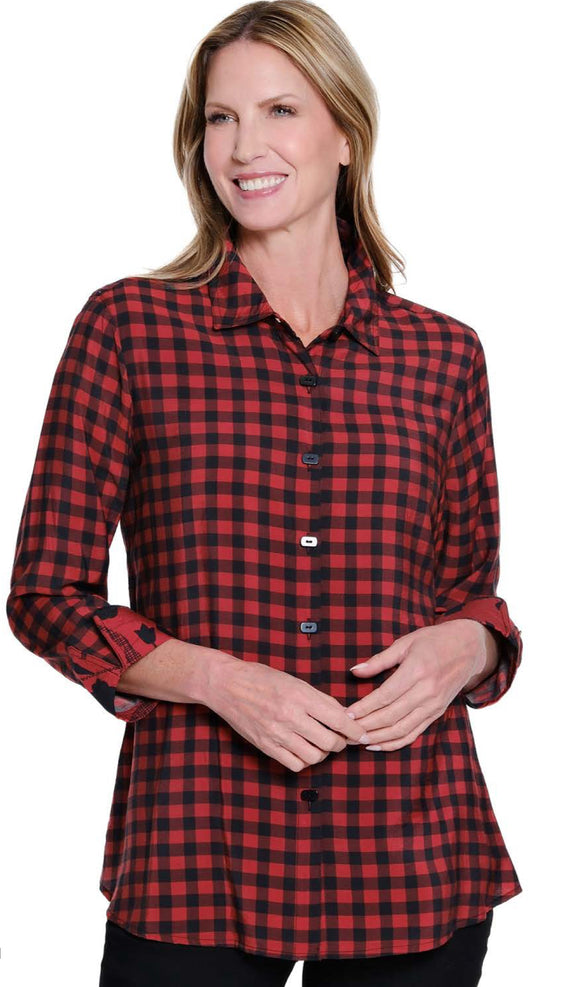 Red/Black Plaid Button Front and Floral Pattern Back w/3/4 Sleeves and Roll-Up Cuffs by Multiples.