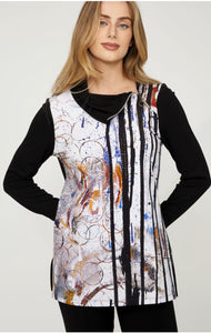 Black Side Zipped Cowl Neck, w/contrasting Black Long Sleeve Tunic with Multi Colored Mixed Gold, Black, Grey Graphic Print and Subtle Sparkle By Dolcezza.