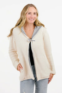 Cream Open Front Sweater w/Dark Grey Stripe Trim by Shannon Passero.