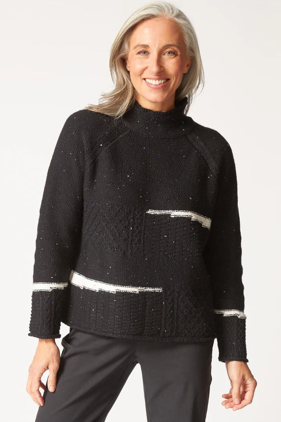 Black/White Harvest Tweed Mixed Cable Stitch, Standup Neck, Long Sleeve Pullover Sweater by Habitat.