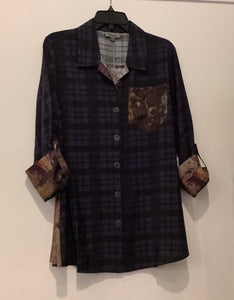 Black/Purple Plaid Rollup-Tabbed Sleeve Blouse w/Tan & Black Contrasting Patch Pocket and Back Panel by Shana.