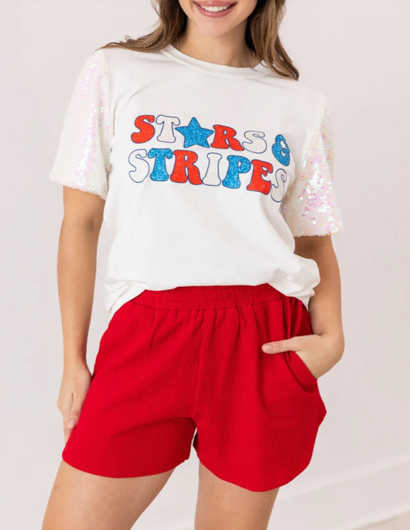 White “Stars and Stripes” T-Shirt w/ Sequined Short Sleeves by Southern Grace.