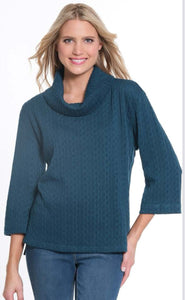 Teal, 3/4 Drop Shoulder Sleeve, Cowl Neck Cable Knit Top w/Hi-Lo Hem by Multiples.