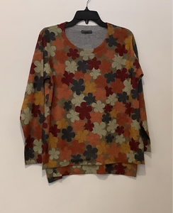 Multi-Colored, Green, Cinnamon, Gold Floral Print, Scoop Neck, Long Sleeve Brushed Knit Top w/Hi Lo Hem by Nallie and Millie.