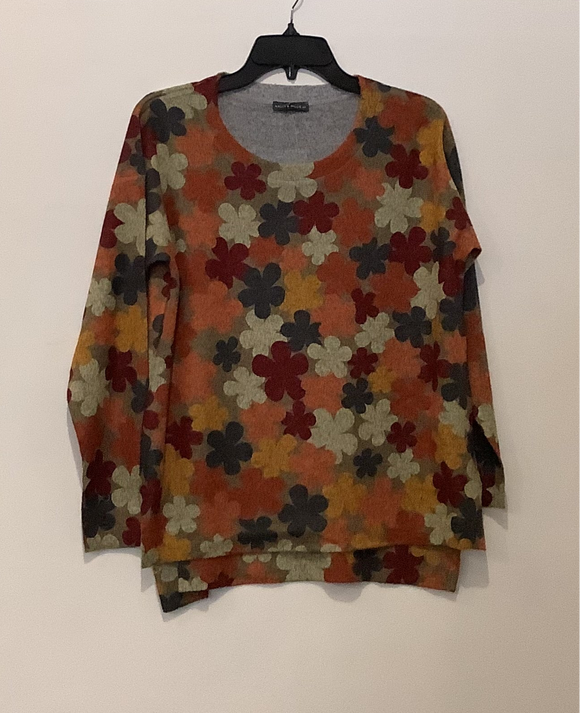 Multi-Colored, Green, Cinnamon, Gold Floral Print, Scoop Neck, Long Sleeve Brushed Knit Top w/Hi Lo Hem by Nallie and Millie.