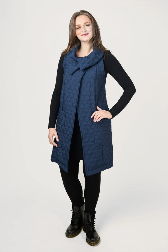 Blue Quilted, Mid Length Vest w/Front Pockets and Rolled Collar by Shannon Passero. 95% Polyester, 5% Spandex.