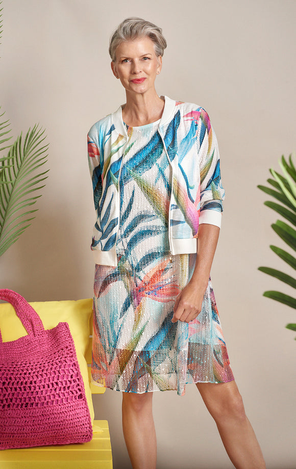 Bird of Paradise Multi-Colored Mesh Lined, Sleeveless Dress by Clotheshead. Jacket Sold Separately.