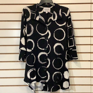 Black W/ Off White Circles, Button Front Tunic Top ,with 3/4 Sleeves by Compli K.