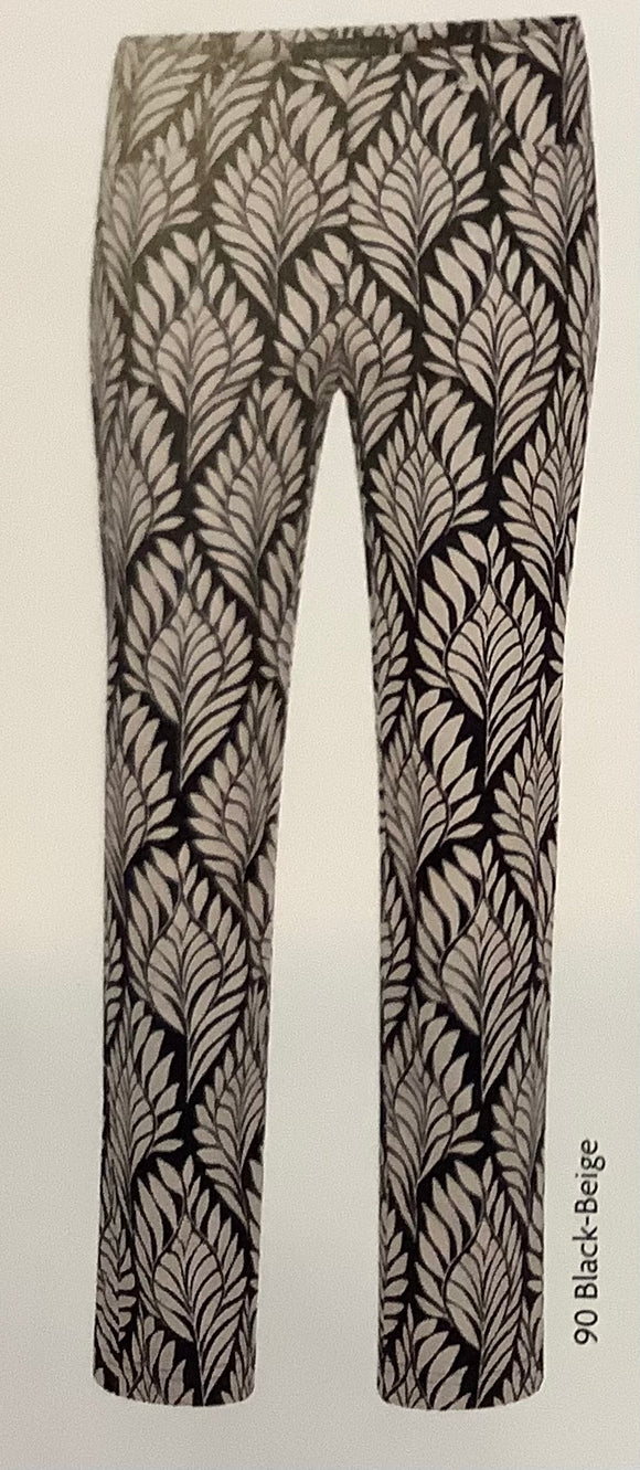 Black and Tan Fern Print Pull-On, Straight Fit Pant w/Back Pockets by Robell.
