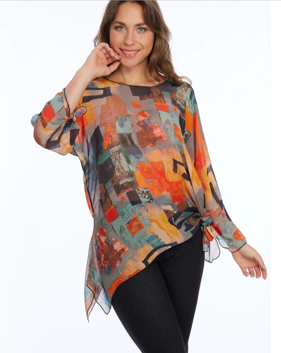 Orange Multi-Colored Graphic Asian Print, One Size, Sheer Tunic with 3/4 Sleeves by Lior of Paris