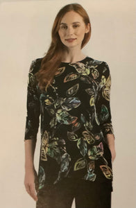 Black Scoop Neck, 3/4 Sleeve Tunic w/Fall Leaf Motif by Clara Sun Woo. Made in the USA.