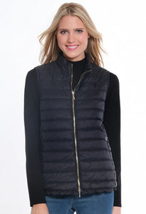 Black Quilted Vest w/Ruffled Hem, Standup Collar and Zippered Side Pockets by Multiples.