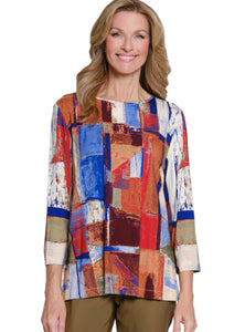 3/4 Sleeve Scoop Neck Geometric Block Print Top with Sparkle Embellishments in Shades of Blue, Rust, Garnet and Cream by Multiples.