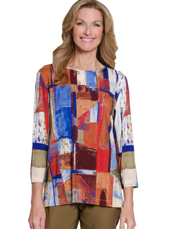 3/4 Sleeve Scoop Neck Geometric Block Print Top with Sparkle Embellishments in Shades of Blue, Rust, Garnet and Cream by Multiples.