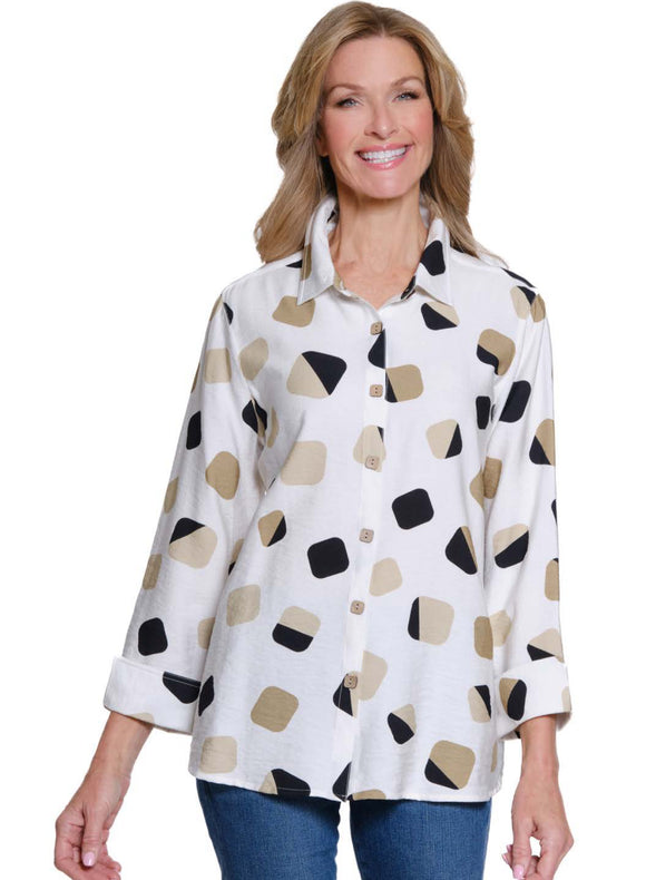 Cream w/Black/Tan Squares, Button Front Blouse w/Faux Wood Buttons ,3/4 Turn-up Sleeves by Multiples.