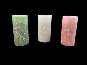 Green, White or Pink Flower Embossed LED Wax Pillar Water Candle (7.75”) w/Timer and Remote.