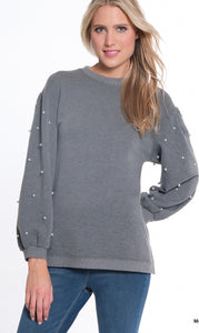 Grey Long Sleeve, Crew Neck Knit Top w/Pearl Embellishment on Sleeves by Multiples.