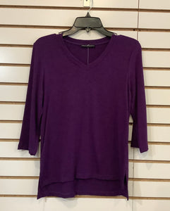 Purple V-Neck, 3/4 Sleeve, High Low Hem Knit Top by Nallie & Millie.