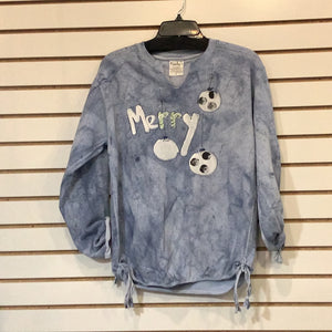 Kunky’s Hand Painted Tye Dye Ocean Blue Sweatshirt with White “Merry” and White Ornaments.￼