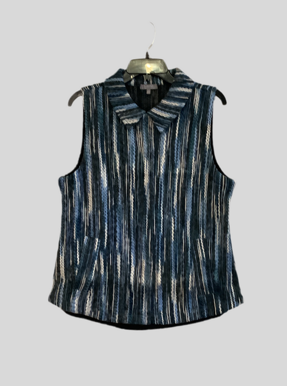 Stripe Tapestry Waterfall Vest in Shades of Denim Blue, Charcoal and White by Habitat.