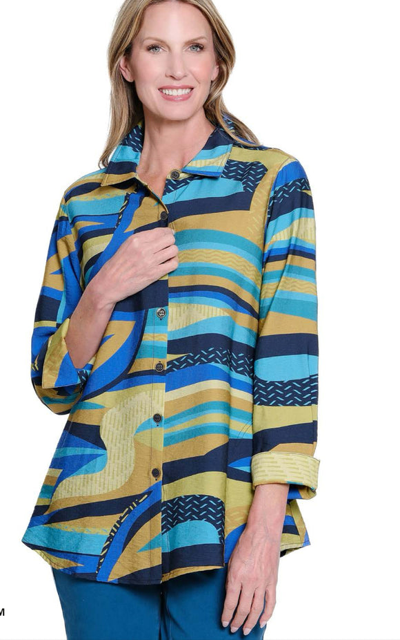 Multi-Colored Aqua, Lime Green, Black, Gold Abstract Print, 3/4 Sleeve w/Turn- Up Cuff, Button Front  Blouse by Multiples.