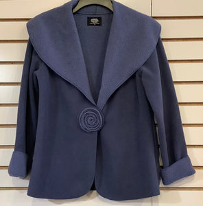 Dusty Blue Fleece, Wide Collar, Long Snap Closure Sleeve Jacket with Decorative Rose Snap Closure.