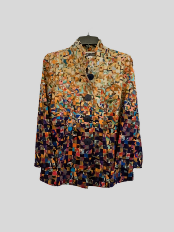 Multicolored Graphic Knit Jacket in Shades of  Orange, Red, Blue and Black.  Features a Stand Collar, Button Front and Back Pleat by Dolcezza.