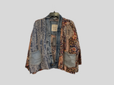 Navy/Cream Multi Print Cardigan Style Waist Length Top w/ Denim Trim and Front Pockets (2 Styles)by Shannon Passero