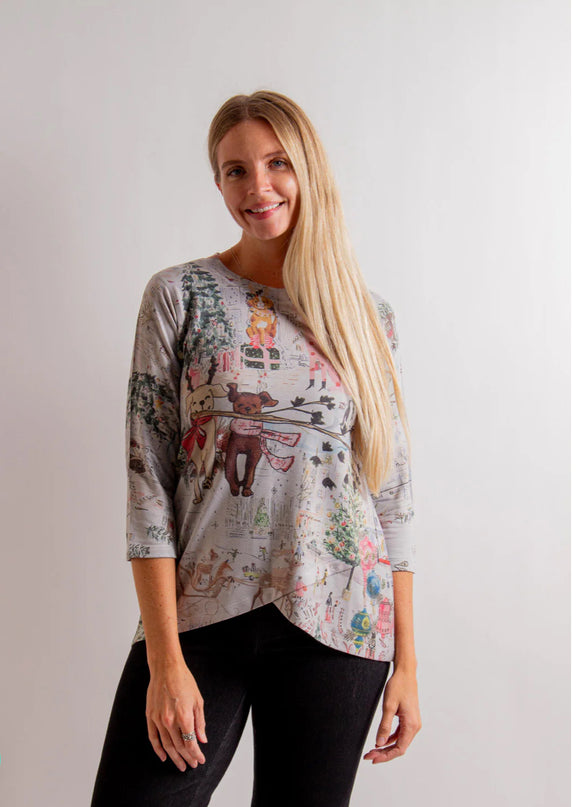 “Holiday Joy”, Long Sleeve Crew Neck, Dog and Cat Print Top w/High/Lo Hem by Inoah.