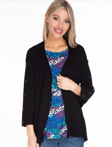 Black, Drop Shoulder Open Cardigan Sweater with Button Detail on Sleeves by Multiples.
