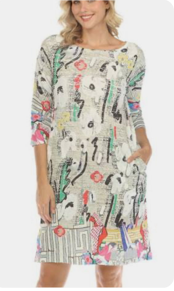 Ivory Knit, Round Neck Raglin Sleeve, Dress w/ Multi-Colored Floral Graphic Print and Side Pockets by Inoah.