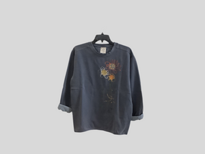Kunky’s Grey Round Neck Sweatshirt w/Trio of Hand Painted Yellow/Orange Flowers on Front